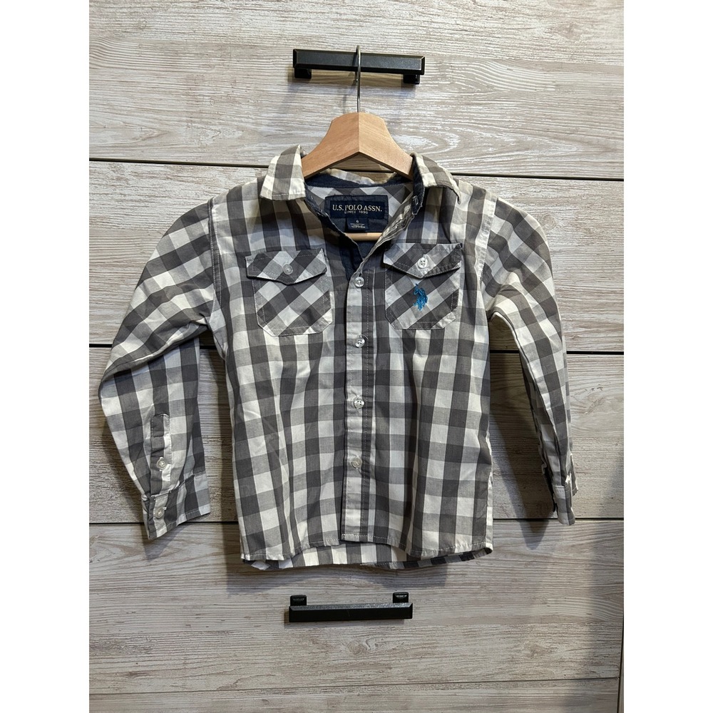 US Polo Assn Boys Grey Gingham Check Button Down Shirt Long Sleeve Size 6